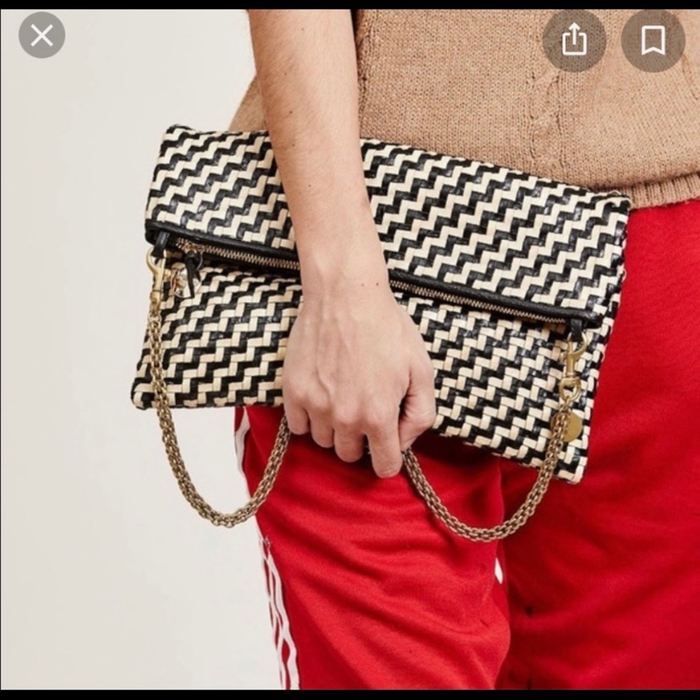 Clare V. Foldover clutch (black & cream woven)